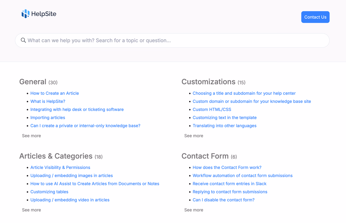 A published HelpSite help center, with search and articles grouped by category